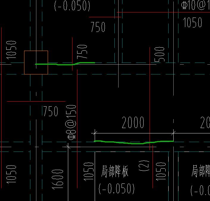 这个的上面750的负筋是按上面绿色那条线范围来画，右边那个跨板受力筋是按下面那条线的范围来画的对吧。