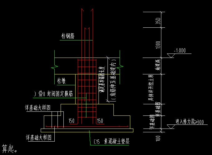 老师，我想问一下独立基础的底标高为-3m，基础顶标高为-2.3m，框架柱底标高为-1m，框架柱下设置柱墩（截面面积大于框架柱截面面积）那么框架柱的钢筋是否要锚入基础内，还是只锚入柱墩内，伸入多少；
