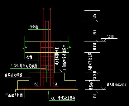 老师，我想问一下独立基础的底标高为-3m，基础顶标高为-2.3m，框架柱底标高为-1m，框架柱下设置柱墩（截面面积大于框架柱截面面积）那么框架柱的钢筋是否要锚入基础内，还是只锚入柱墩内，伸入多少；